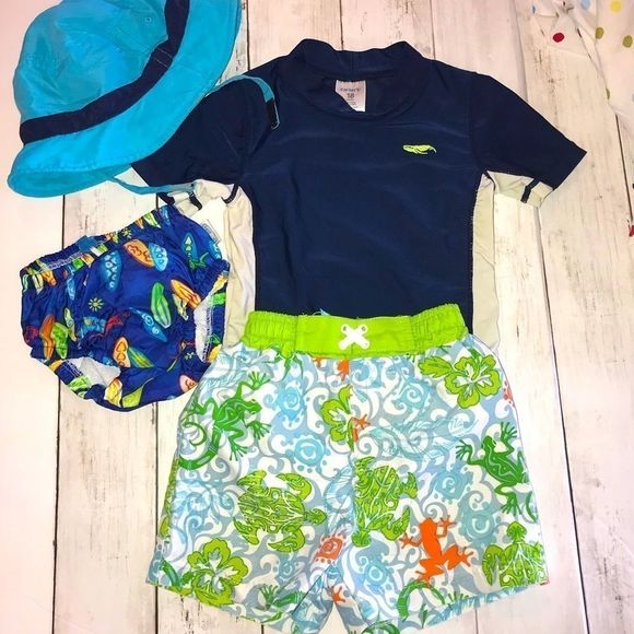 18 mo Carter’s rashguard swim trunks diaper hat lot set - Picture 2 of 13